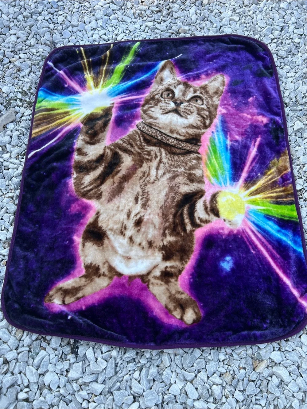 Plush Purple Cat-Print Blanket with Rainbow Accents, laser paws!